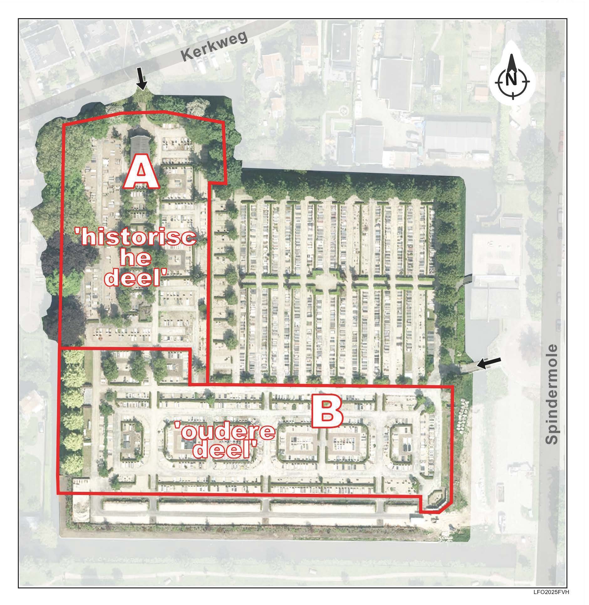 Overzicht begraafplaats met historisch, hoge en oud deel en uitbreiding aan zuidelijke en oostelijke zijde