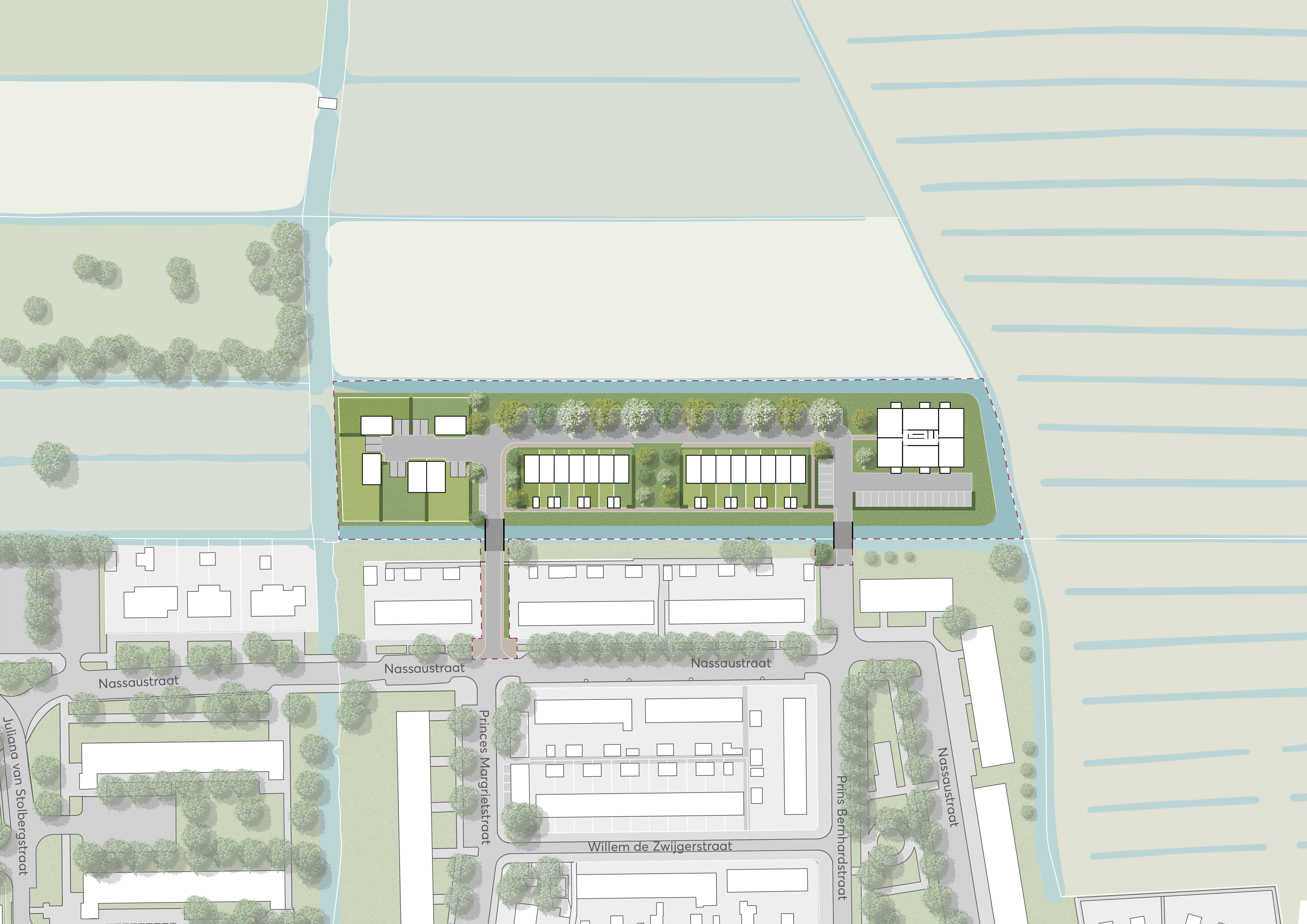 Overzicht van de 5 kavels en 15 rijtjeswoningen  en de appartementen van Fien Wonen