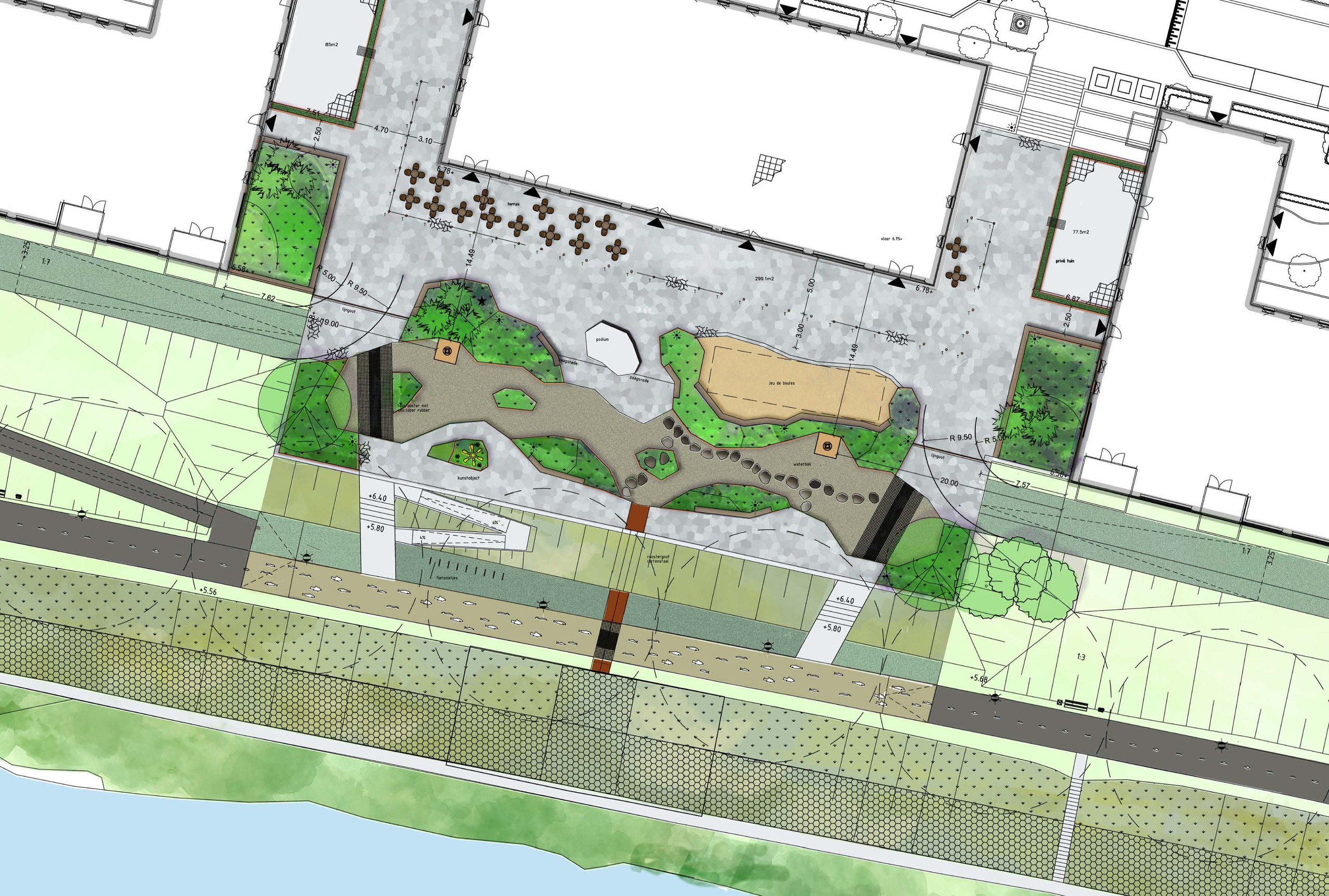 Plein Podium IJzergieterij met groen en bestrating